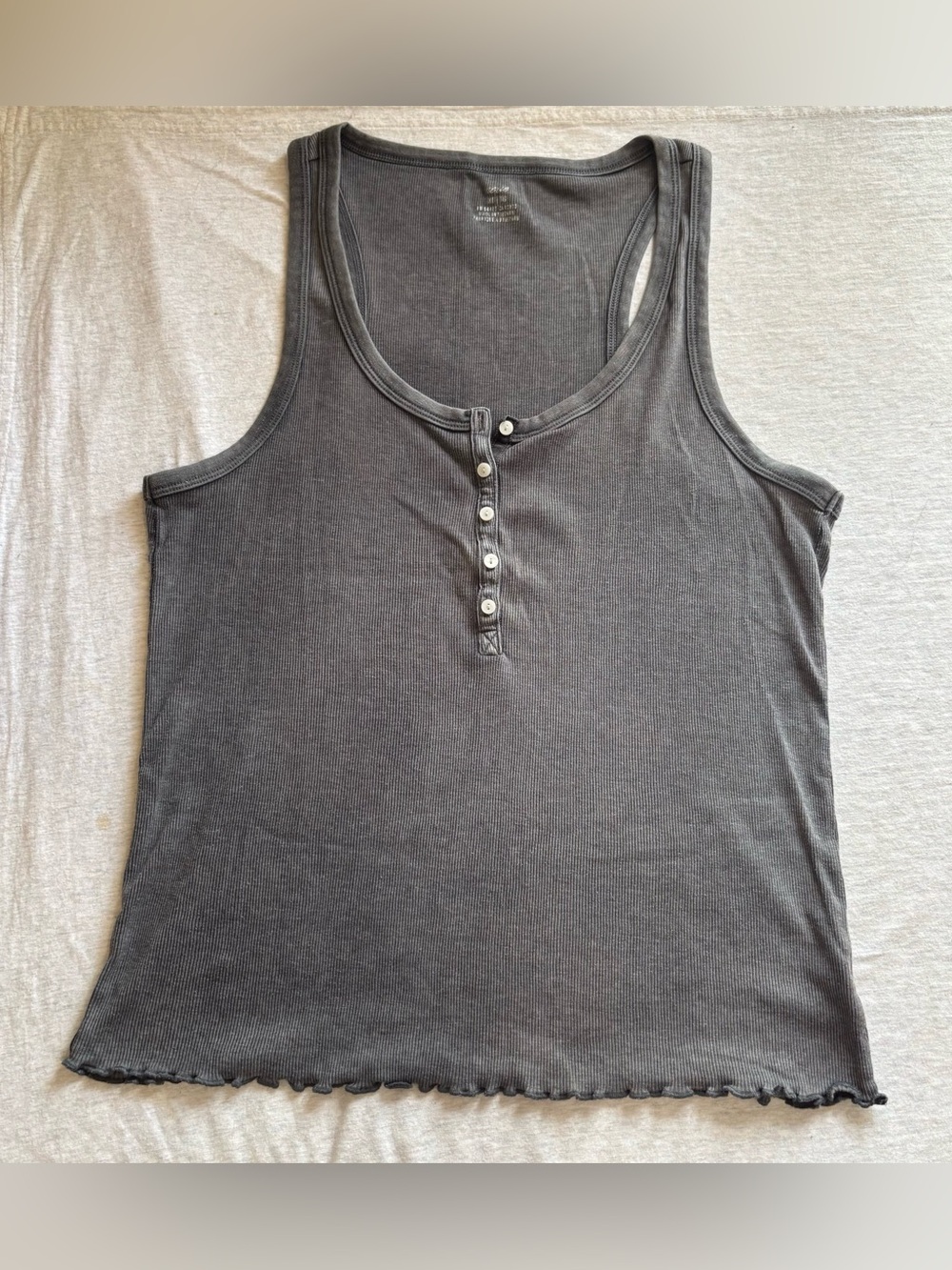 Aerie Dusty Charcoal Ribbed Henley Tank Top Lettuce Hem Size XL